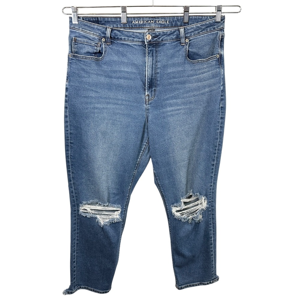 American‎ Eagle Plus Size 18 Jeans Mom Dark Raw Distressed Blue High Rise 327
